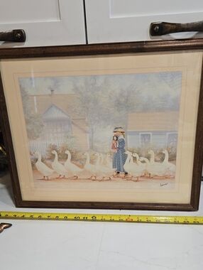 Framed Pastoral Goose Print Wall Art in Cream and Blue